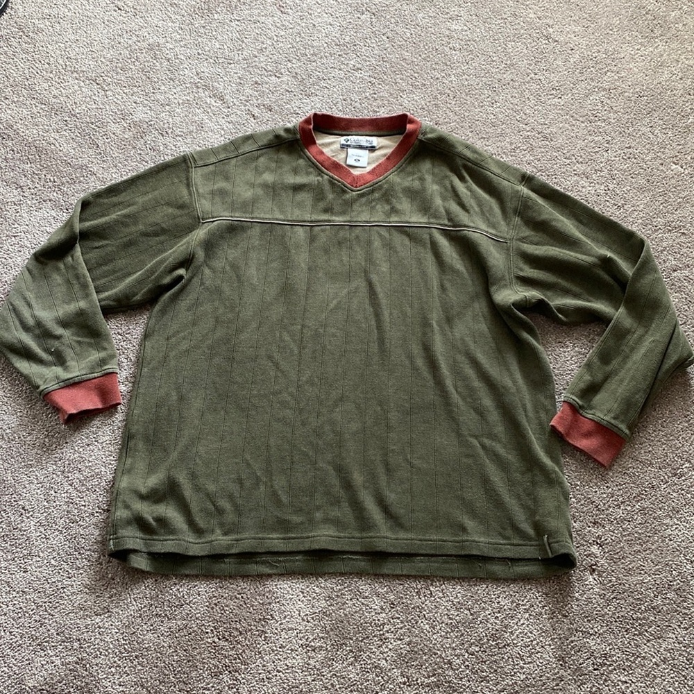 Columbia Olive Green V Neck Sweater Contrast Trim SIZE XL